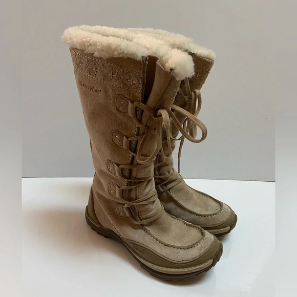 CAT Caterpillar Polartec  calf high Sherpa fleece beige suede boots Sz 6.5 - Picture 1 of 11